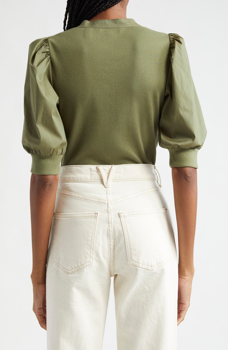 Veronica Beard Coralee Puff Sleeve Stretch Cotton Henley Top, Alternate, color, Stone Army