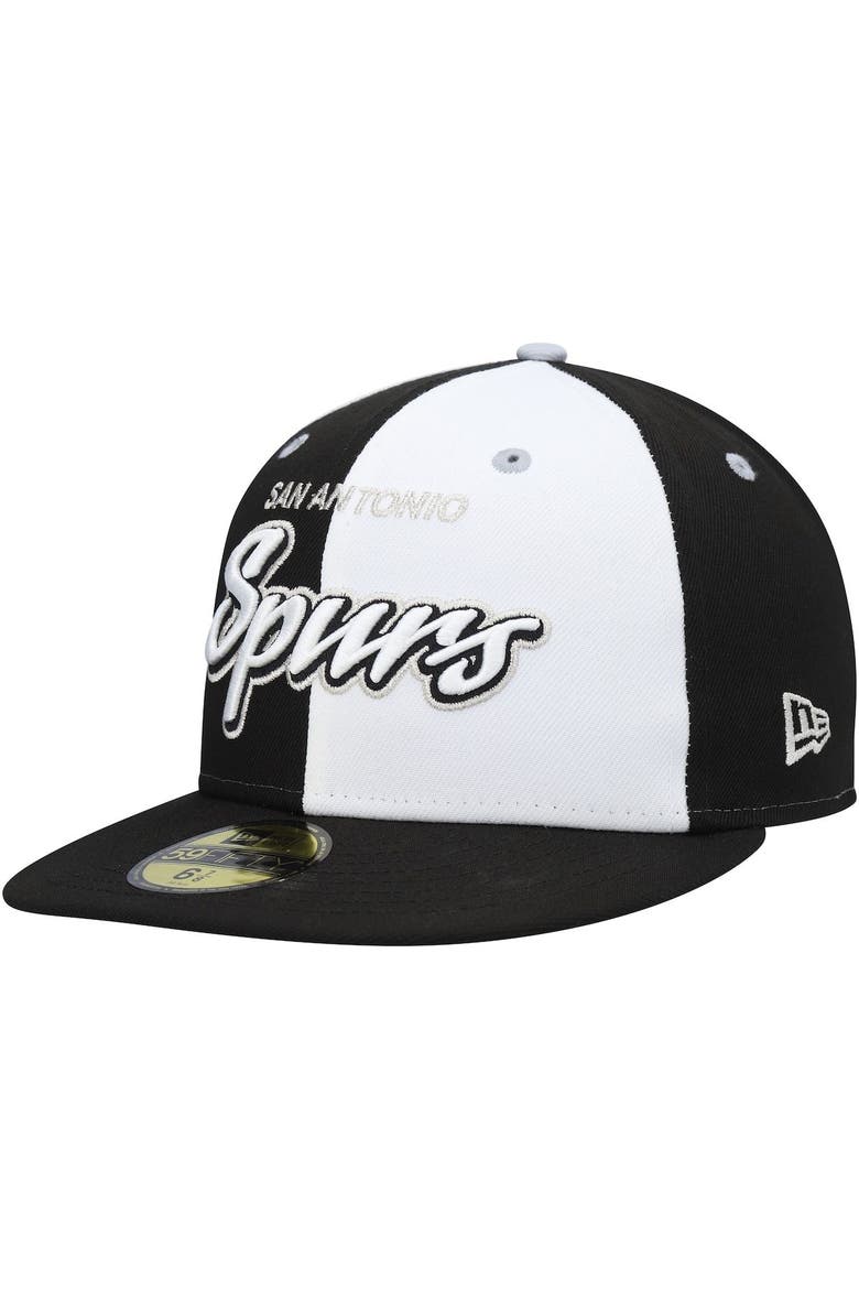 Men's New Era Black/White San Antonio Spurs Script Pinwheel 59FIFTY Fitted Hat, Main, color, Black