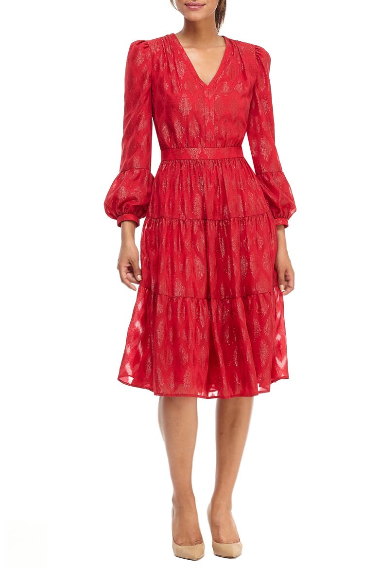 Annette Metallic Jacquard Long Sleeve Dress, Alternate, color, RUBY