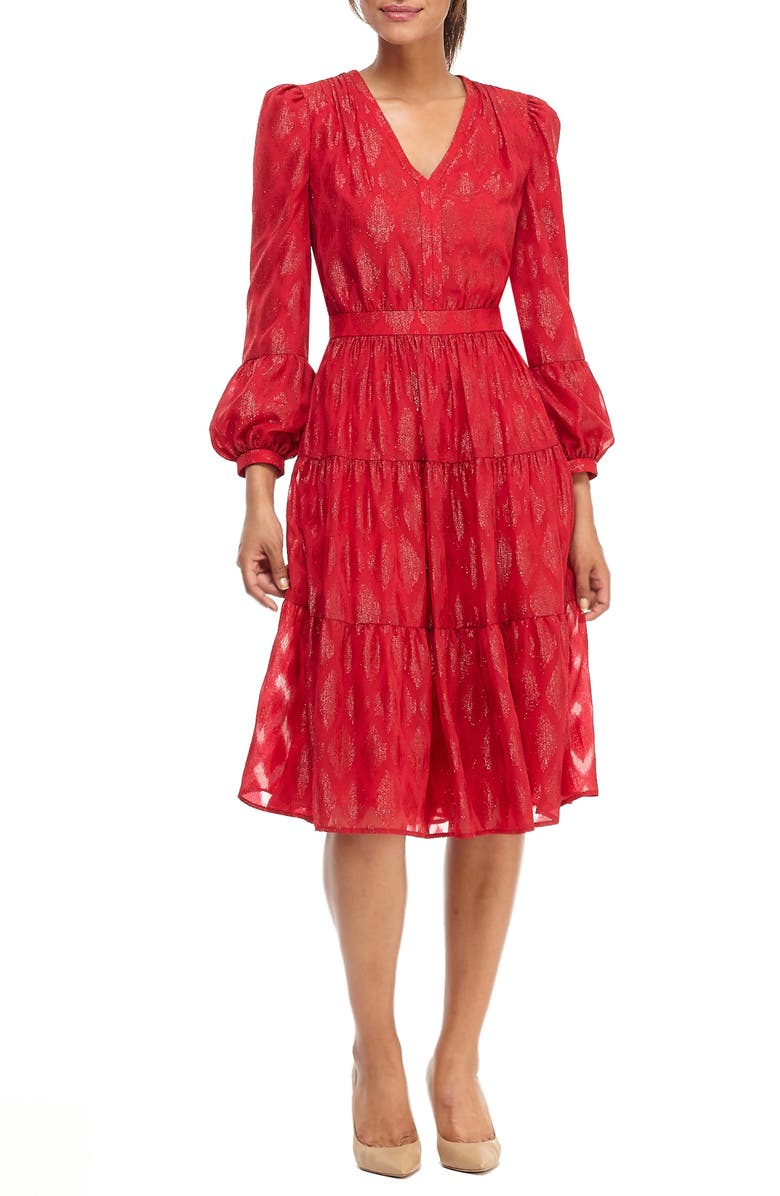 Gal Meets Glam Collection Annette Metallic Jacquard Long Sleeve Dress, Alternate, color,