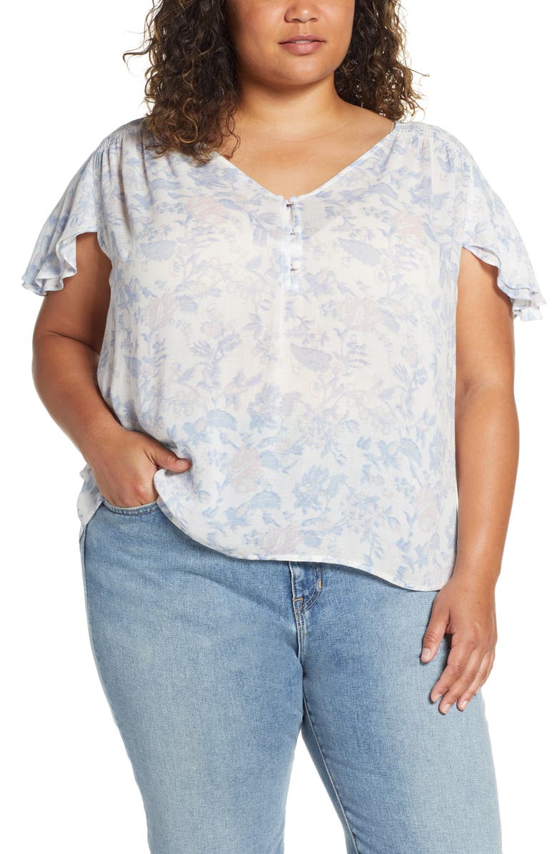 Lucky Brand Flutter Sleeve Print Top, Main, color, 