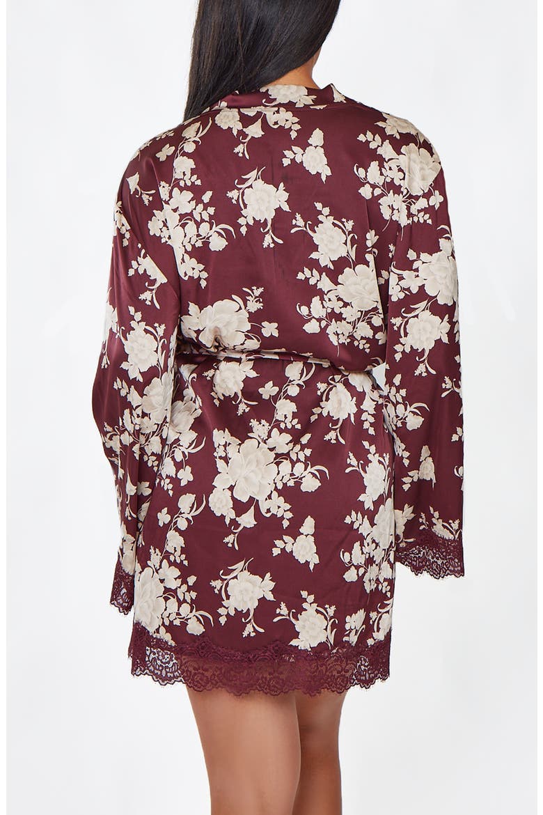 Floral Print Lace-Trimmed Satin Robe (Plus Size), Alternate, color, Burgundy