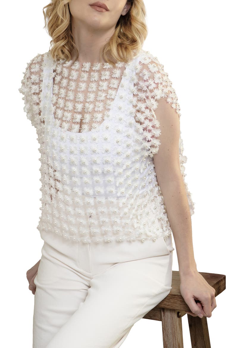 Pearly Beaded Floral Lace Top, Main, color, WHITE