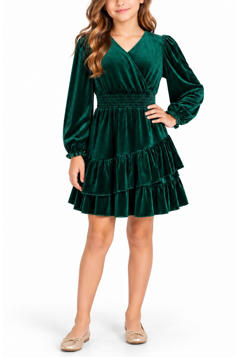 Kids' Velvet Ruffle Hem Surplice Dress, Main, color, HUNTER