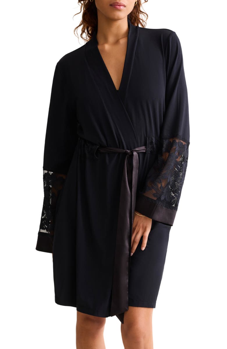 Fleur't Parisian Nights Lace Trim Short Robe, Main, color, Black
