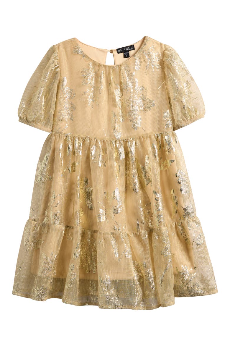 Kids' Floral Foil Print Party Dress, Main, color, GOLD