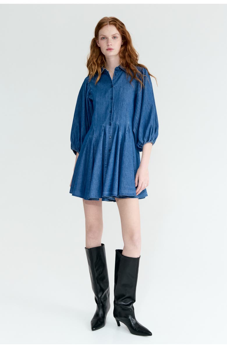 H&M Puff-sleeved Flared-skirt Dress, Alternate, color, Denim Blue