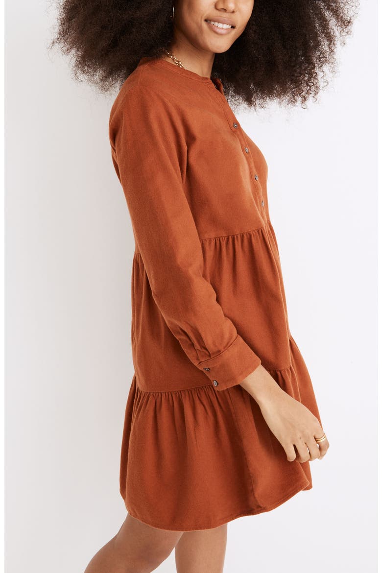 Long Sleeve Button Placket Tiered Cotton Flannel Minidress, Alternate, color, WARM NUTMEG