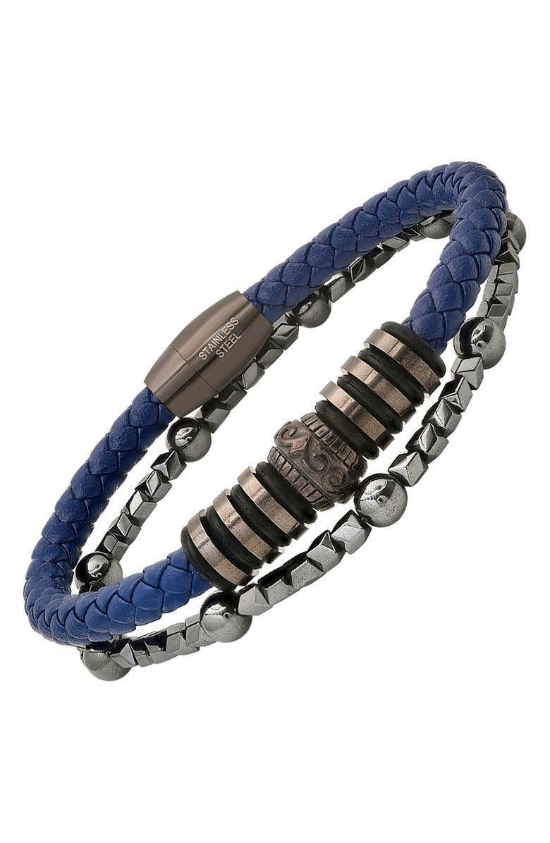HMY JEWELRY Men's Set of 2 Assorted Howlite & Braided Leather Bracelets, Alternate, color, Blue Multi
