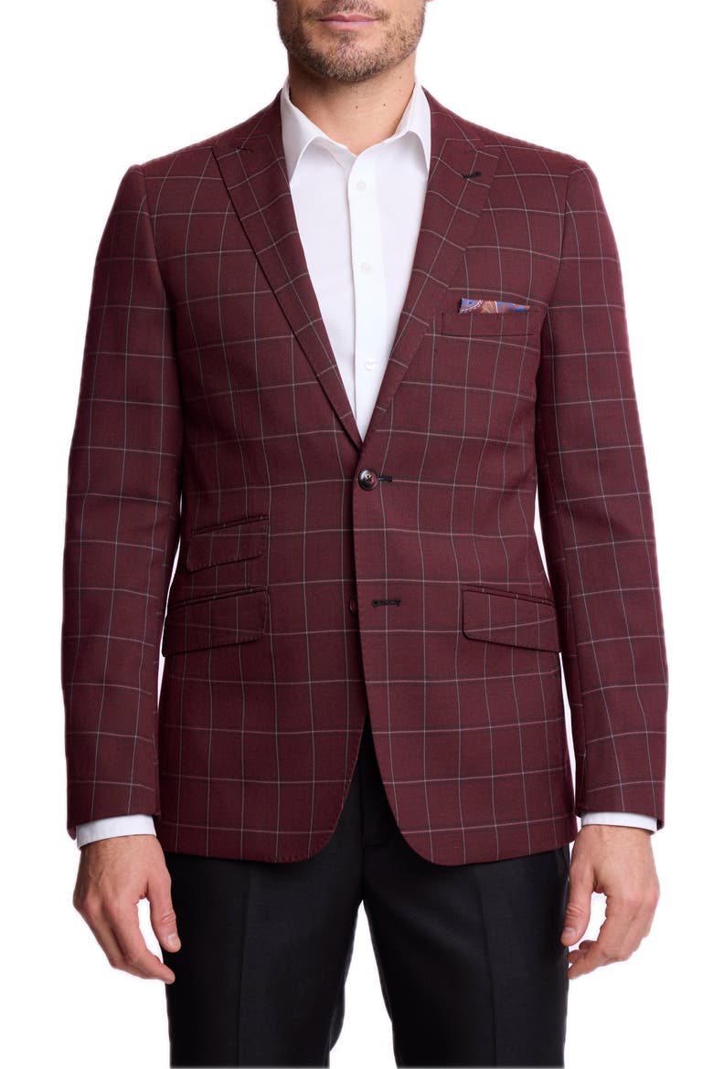 Ashton Slim Fit Peak Lapel Suit Jacket, Main, color, DARK BURGUNDY WINDOWPANE