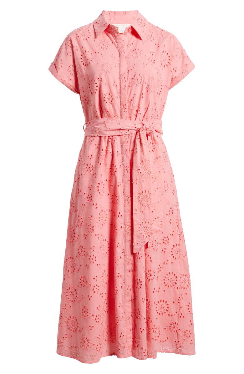 Caslon<sup>®</sup> Eyelet Embroidery Cotton Shirtdress, Alternate, color, Pink Geranium
