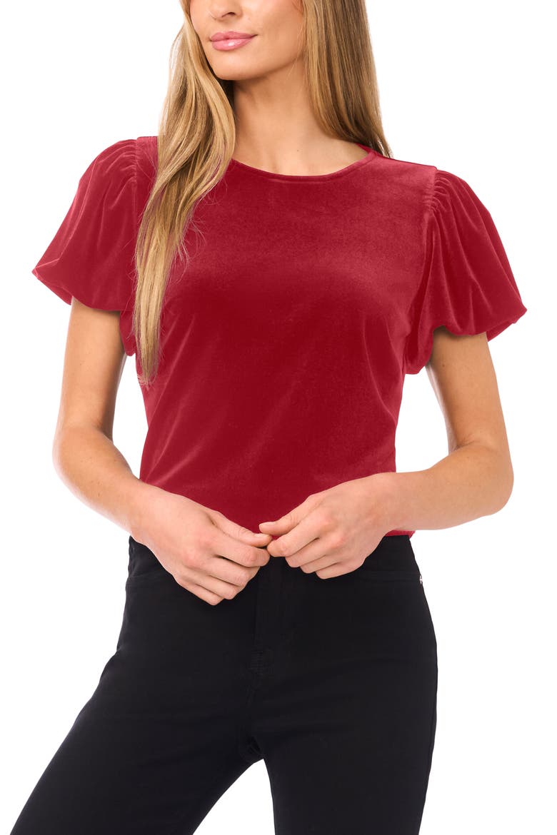 Puff Sleeve Stretch Velvet Top, Main, color, RED MAPLE