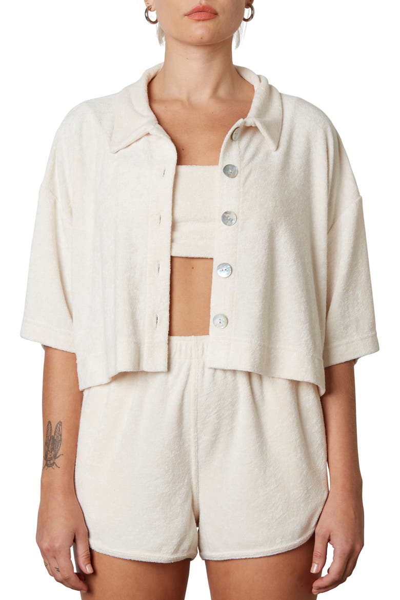 Crop Terry Button-Up Shirt, Main, color, STONE