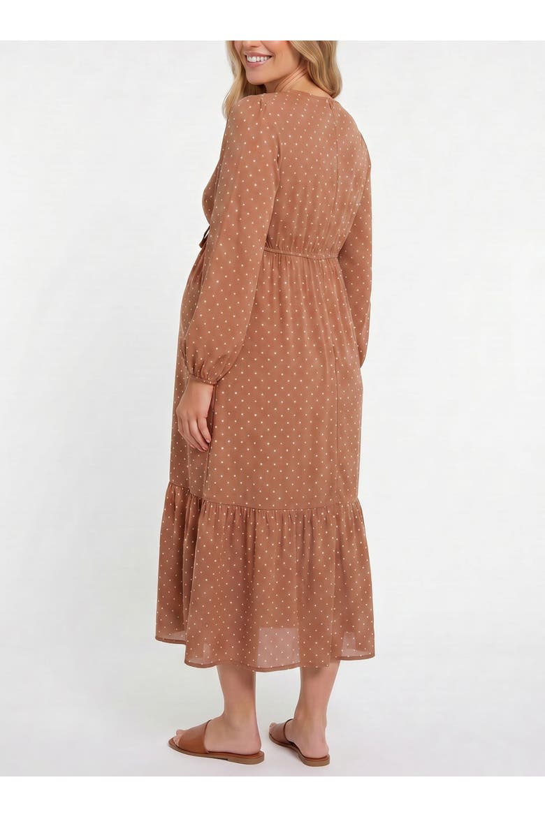 Long Sleeve Ruffle Midi Maternity Dress, Alternate, color, Mocha Mousse & Vanilla Dot