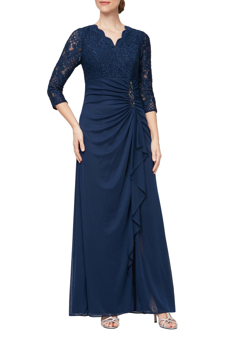 Sequin Lace A-Line Formal Gown, Main, color, NAVY
