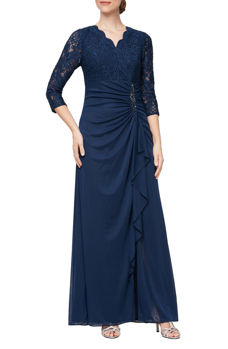 Alex Evenings Sequin Lace A-Line Formal Gown, Main, color, Navy
