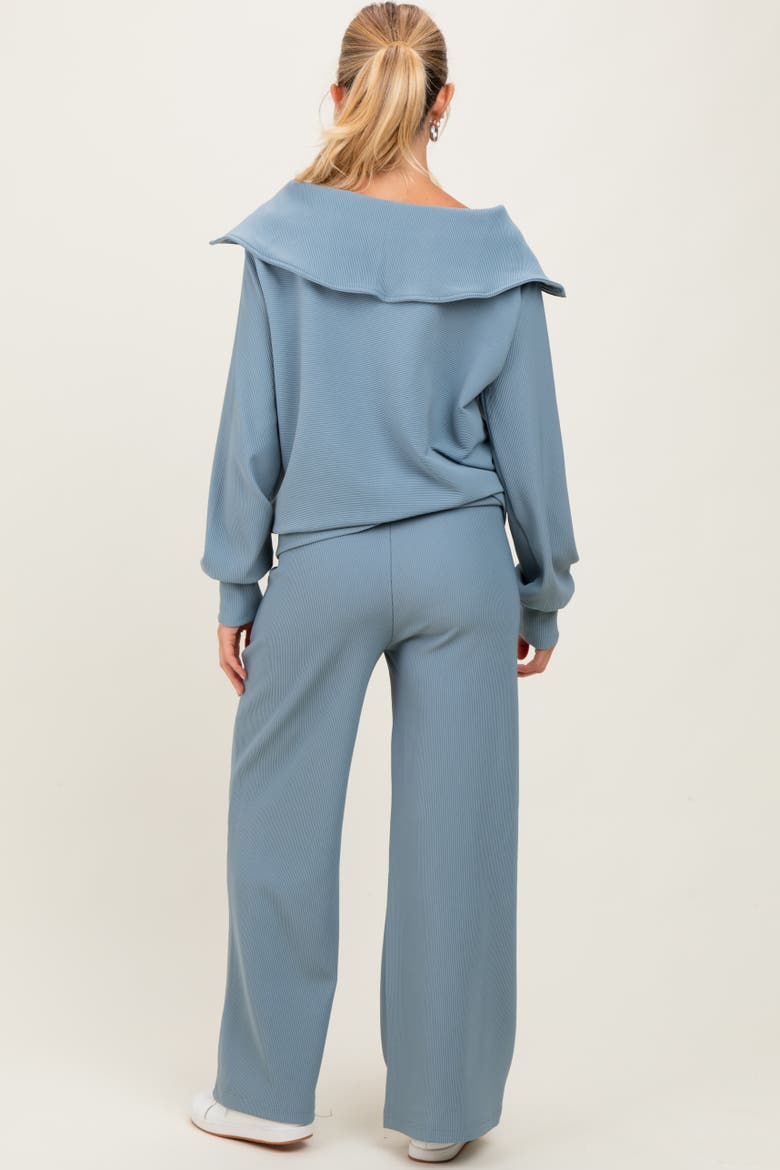 RIbbed Half Zip Pullover Wide Leg Pant Set, Alternate, color, Light Blue