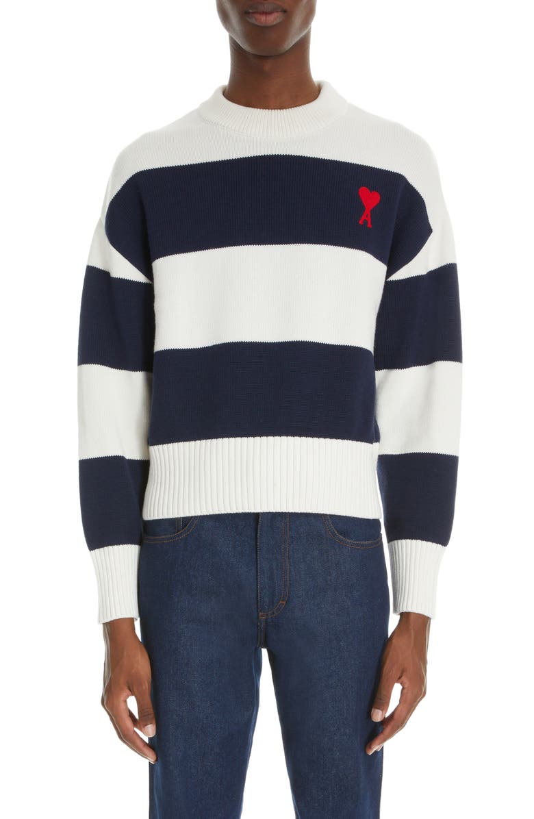 AMI PARIS Rugby Stripe Ami de Coeur Embroidered Organic Cotton & Wool Sweater, Main, color,