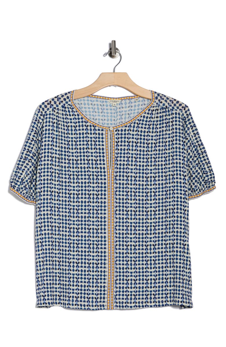 MAX STUDIO Keyhole Elbow Sleeve Top, Alternate, color, Natural/ Blues Ikat Stamps