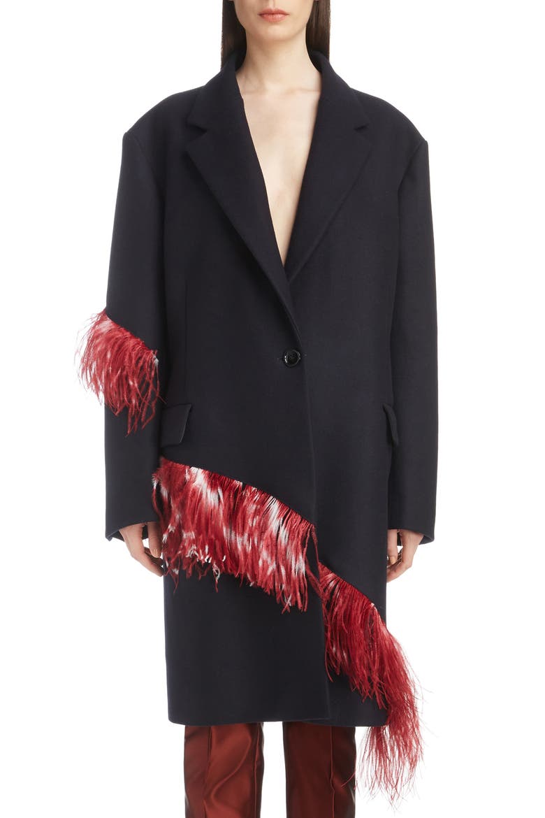 Ostrich Feather Trim Wool Blend Reefer Coat, Main, color, NAVY