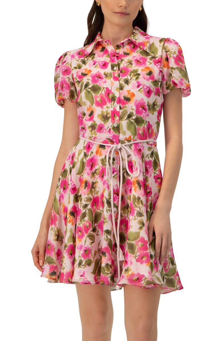 IVONNE Short Floral Shirt Dress with Waist Tie, Main, color, Multicolor-Pink
