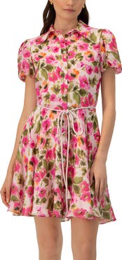 IVONNE Short Floral Shirt Dress with Waist Tie