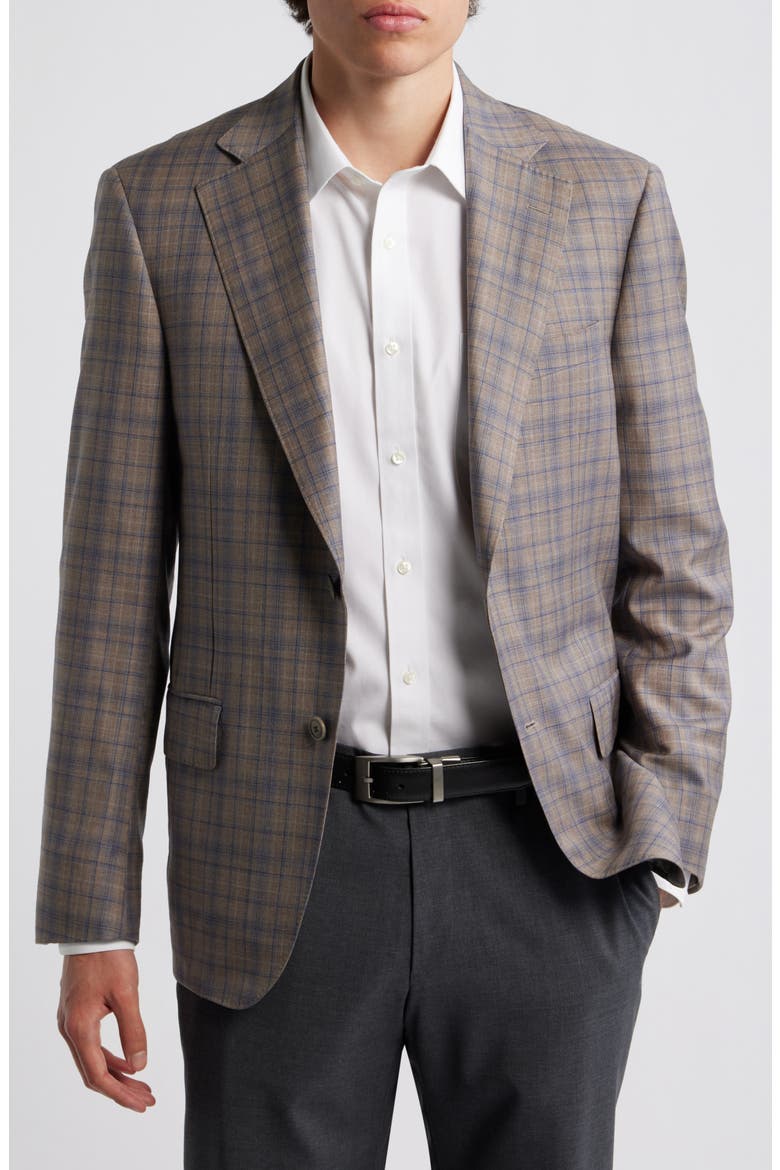 Tan & Blue Double Check Slub Wool Sport Coat, Main, color, TAN