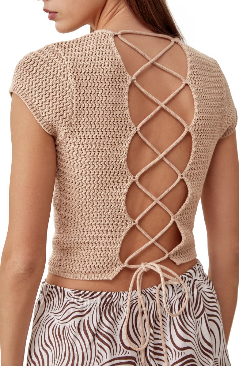 Reformation Grappa Lace Back Short Sleeve Organic Cotton Sweater, Alternate, color, Sand