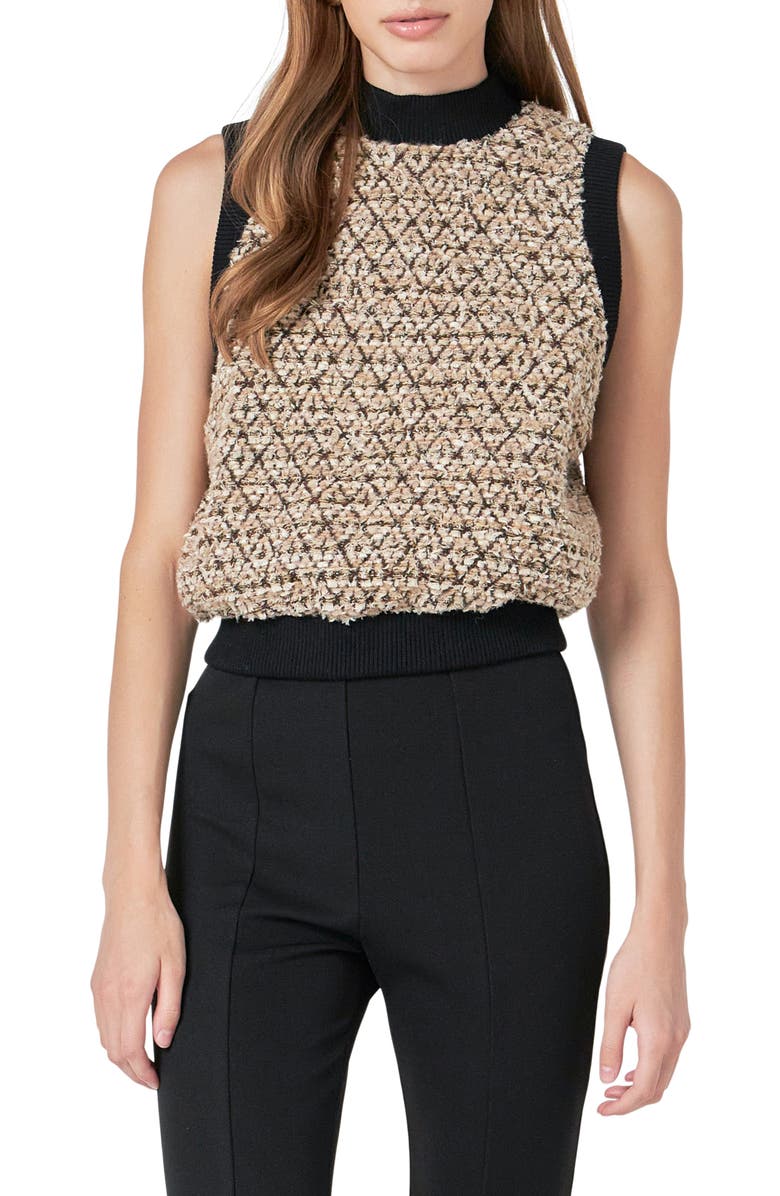 Endless Rose Sequins Mock Neck Tweed Sweater Vest, Main, color, Brown Multi