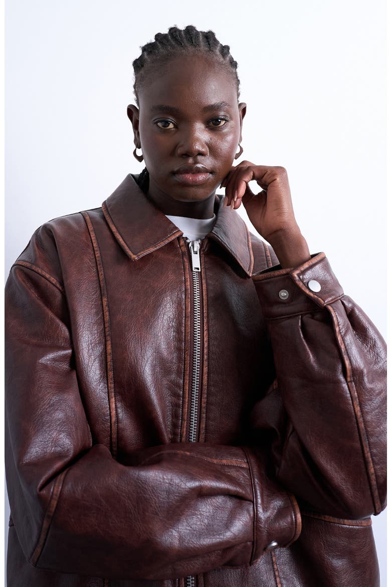 Oversize Faux Leather Bomber Jacket, Alternate, color, BROWN