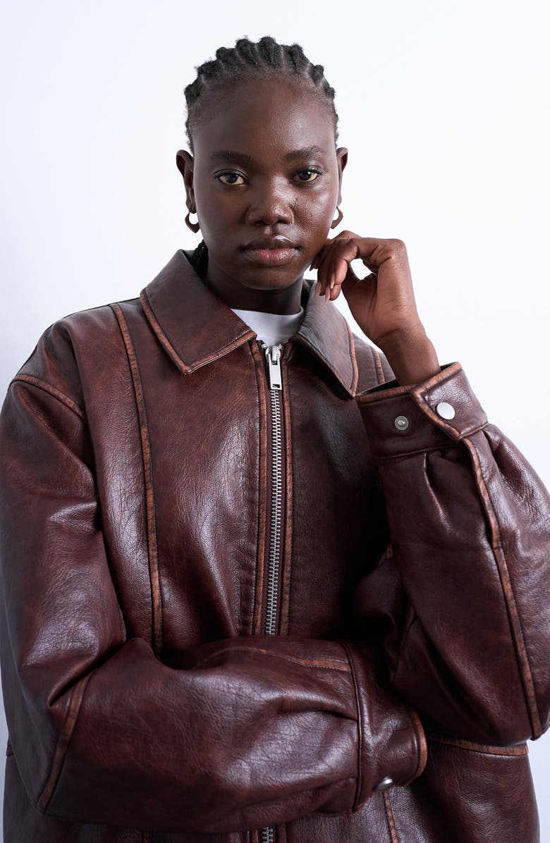 Topshop Oversize Faux Leather Bomber Jacket, Alternate, color, Brown