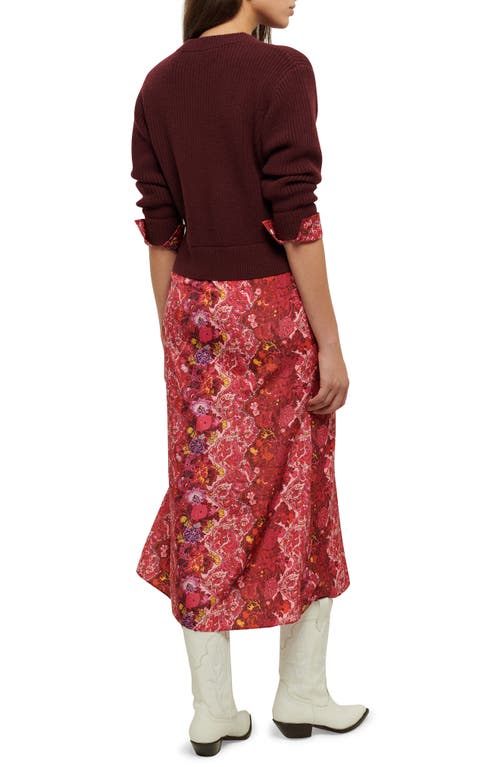 Derek Lam Gabriella Mixed Media Long Sleeve Midi Dress In Burgundy/pink Multi