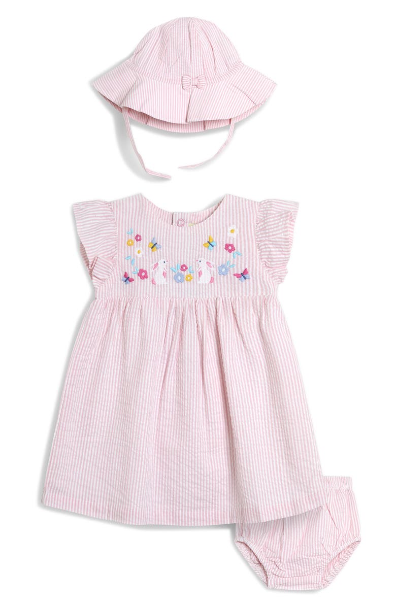 JOJO MAMAN BEBE Stripe Bunny Embroidered Cotton Dress, Sun Hat & Bloomers, Main, color, Pink