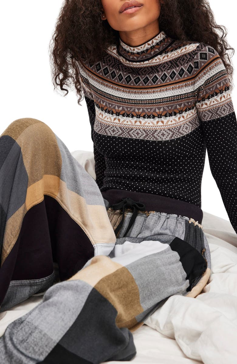 Free People Warmer Fair Isle Long Sleeve Bodysuit, Alternate, color, Black Ivory Combo