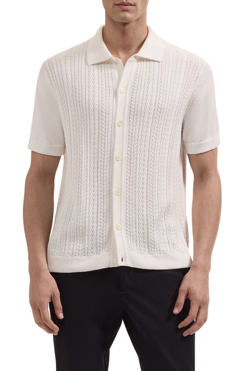 Short Sleeve Cable Knit Button-Up Sweater