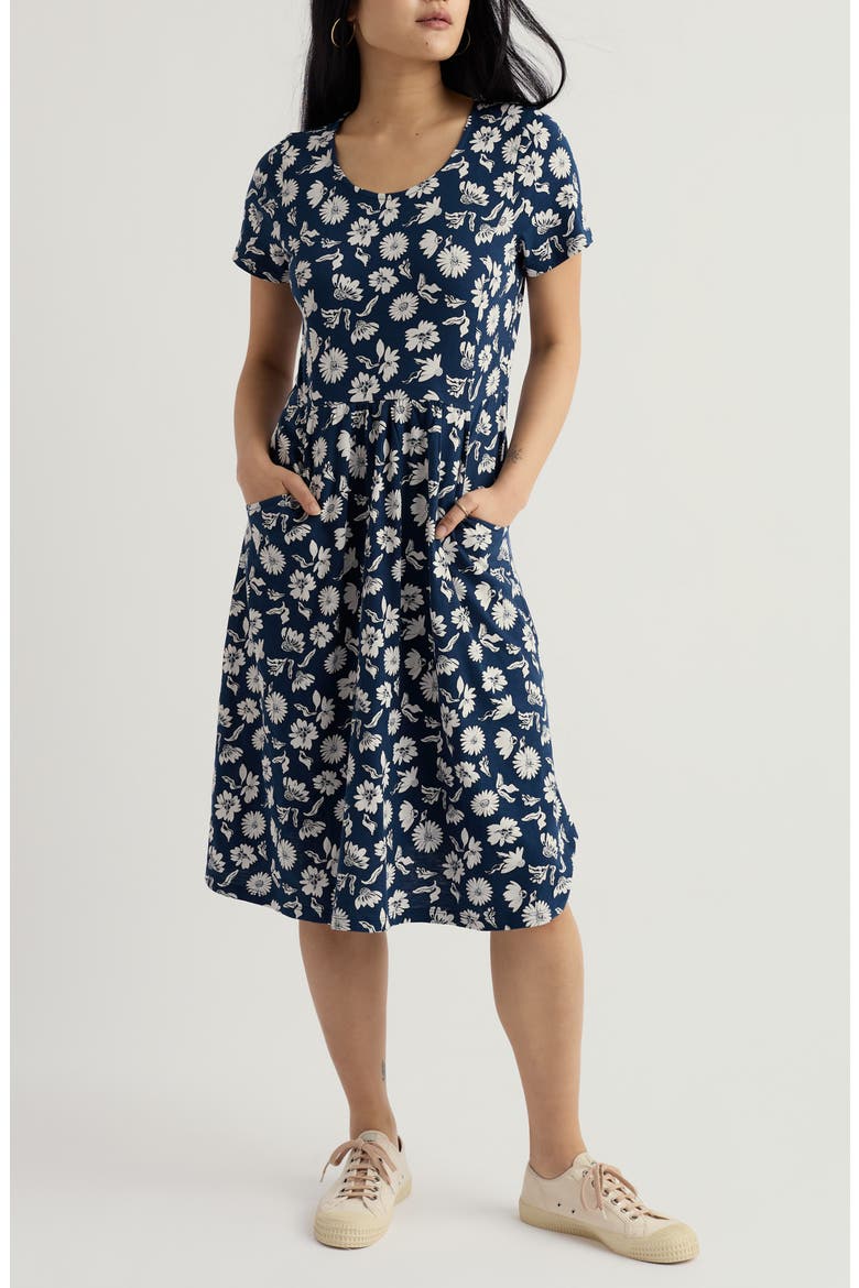 Enor Floral Print Organic Cotton Fit & Flare Midi Dress, Main, color, FLORAL LAWN SEA CAVE