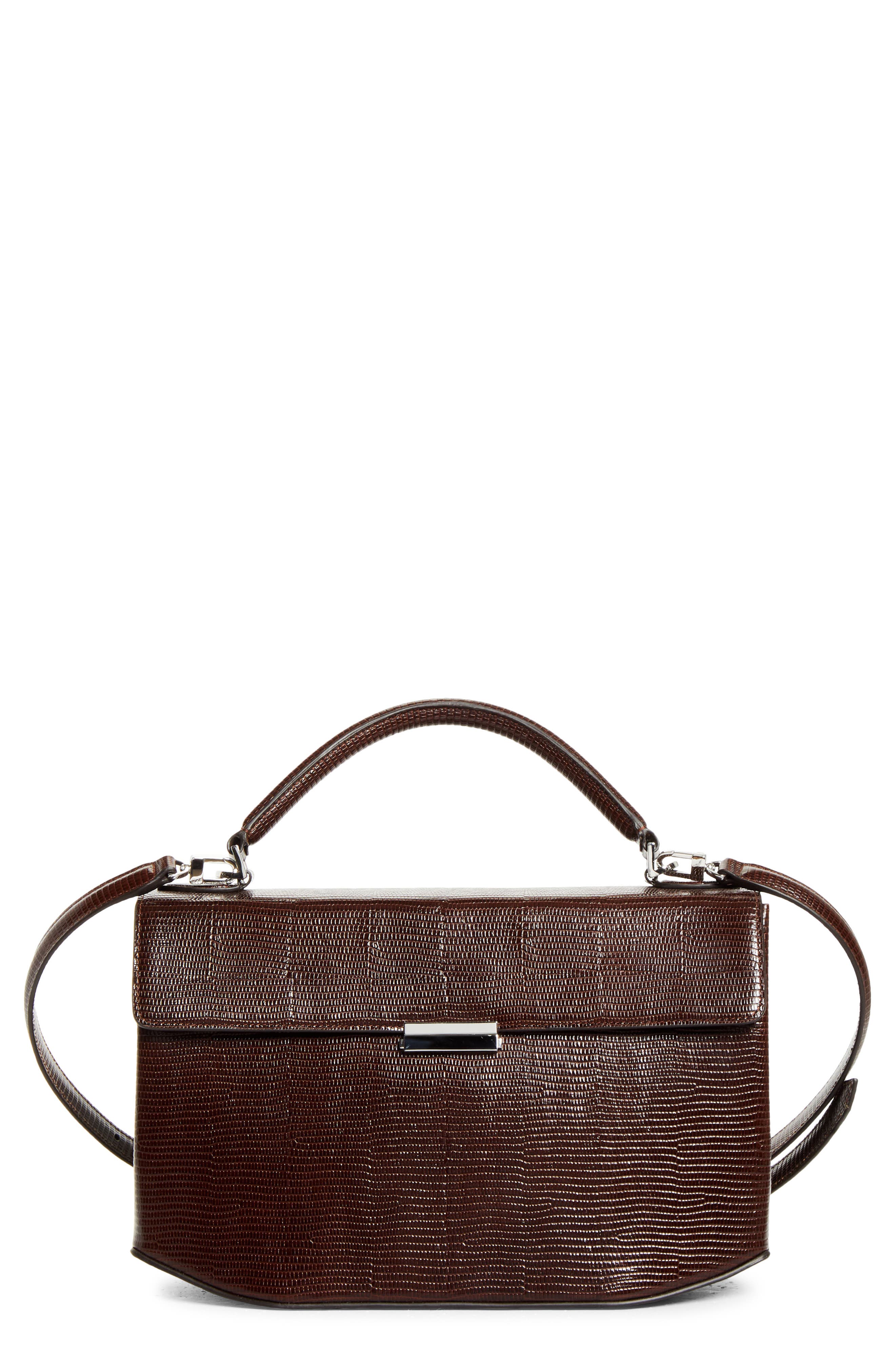 Clip Lizard Embossed Leather Top Handle Bag, Main, color, BROWN