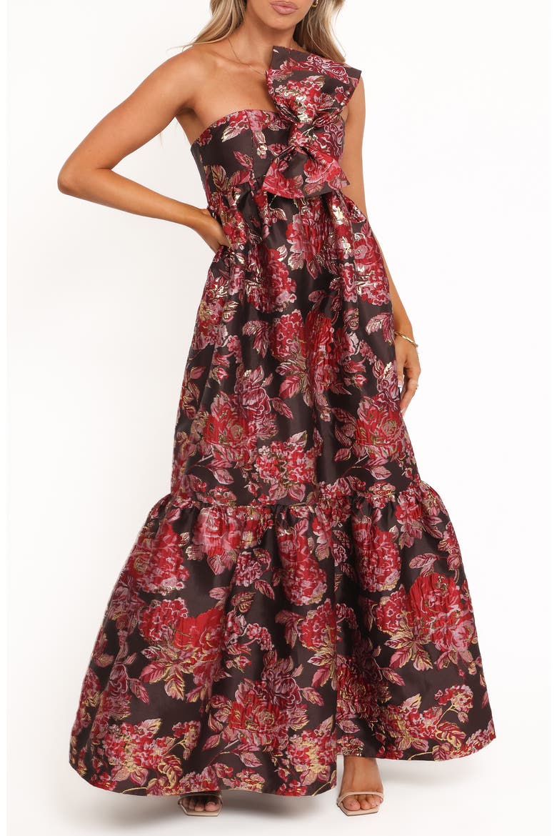 Betina Bow Front One-Shoulder Maxi Dress, Main, color, BROWN FLORAL