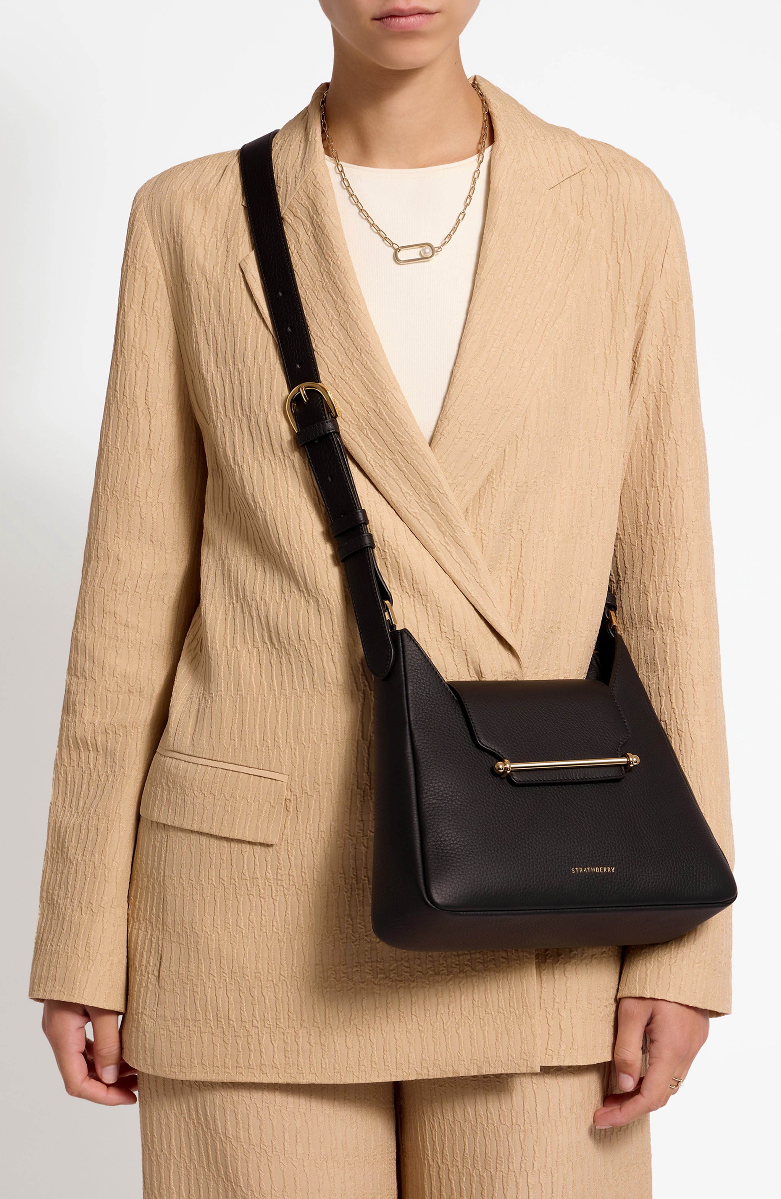 Strathberry Multrees Leather Hobo, Alternate, color, Black