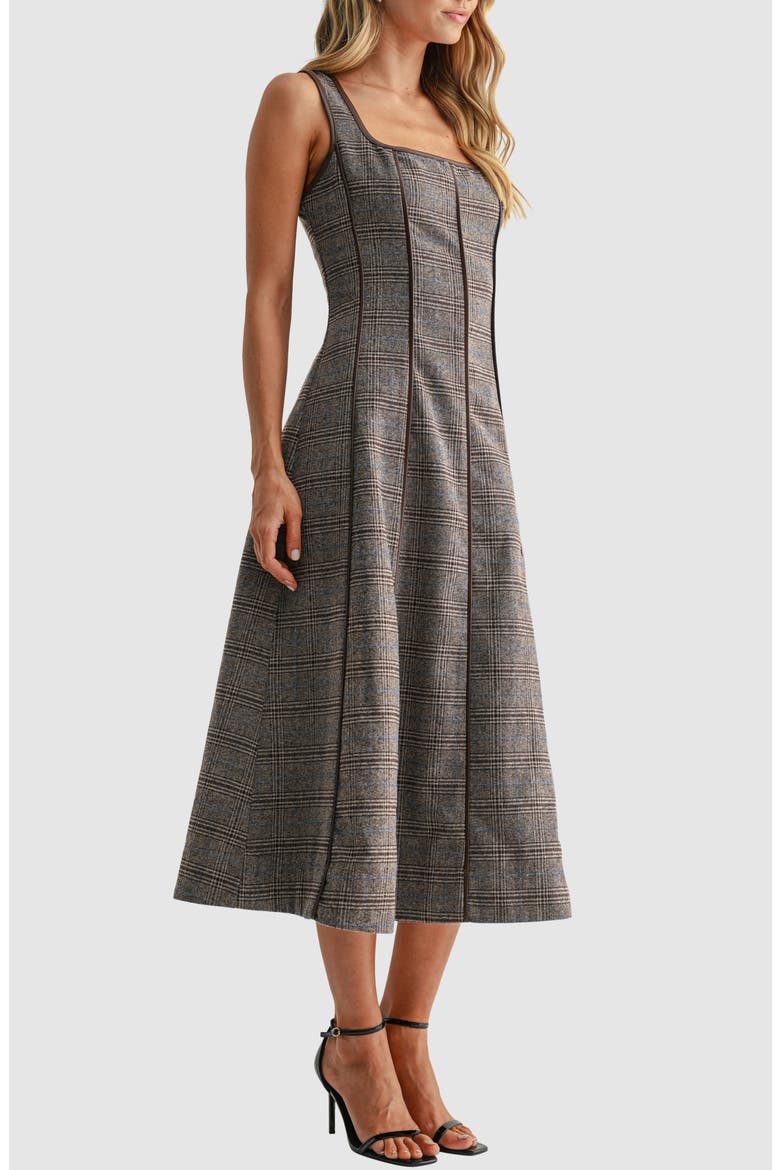 Plaid Faux Leather Trim A-Line Midi Dress, Alternate, color, BROWN