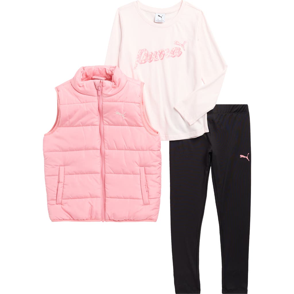 Puma Kids' T-shirt, Leggings & Puffer Vest Set In Pink