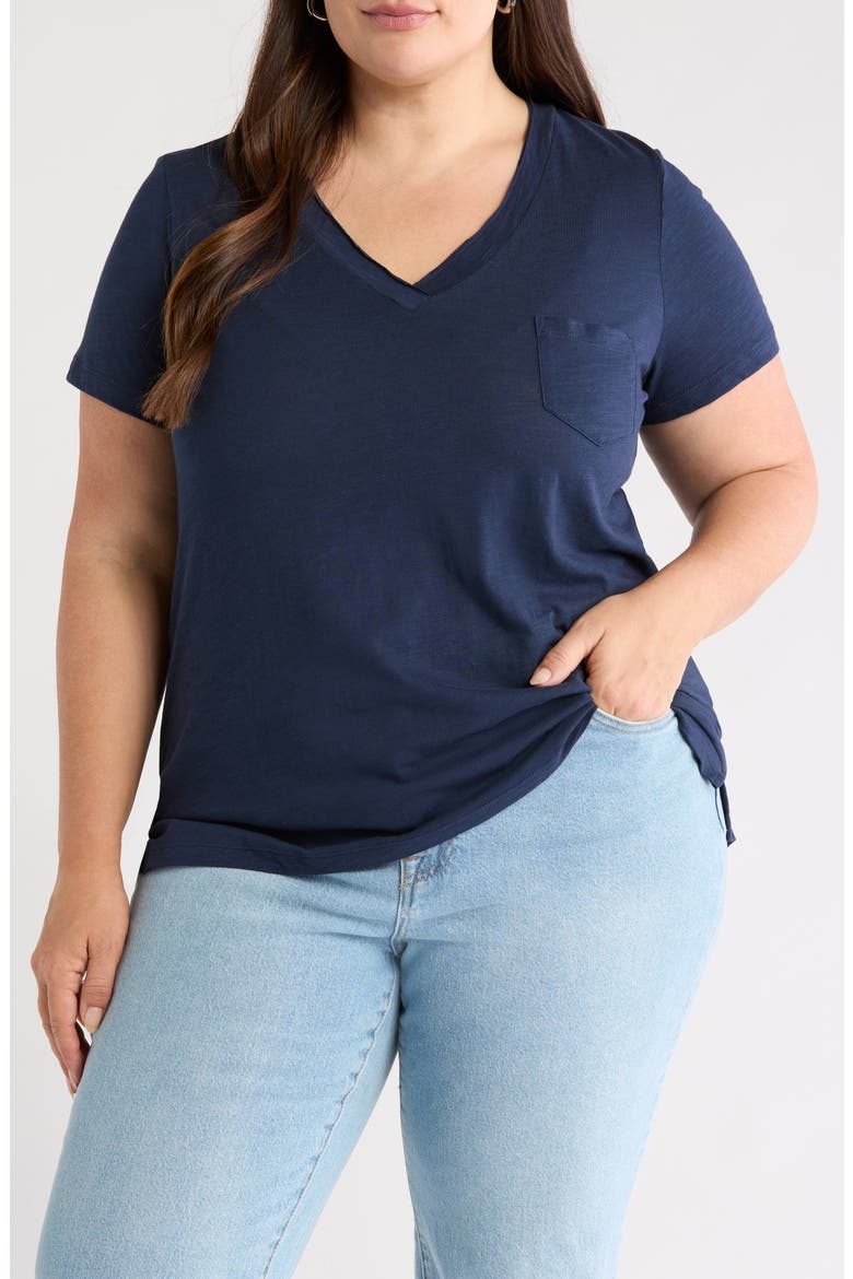 Short Sleeve Cotton & Modal V-Neck Pocket T-Shirt, Main, color, NAVY BLAZER