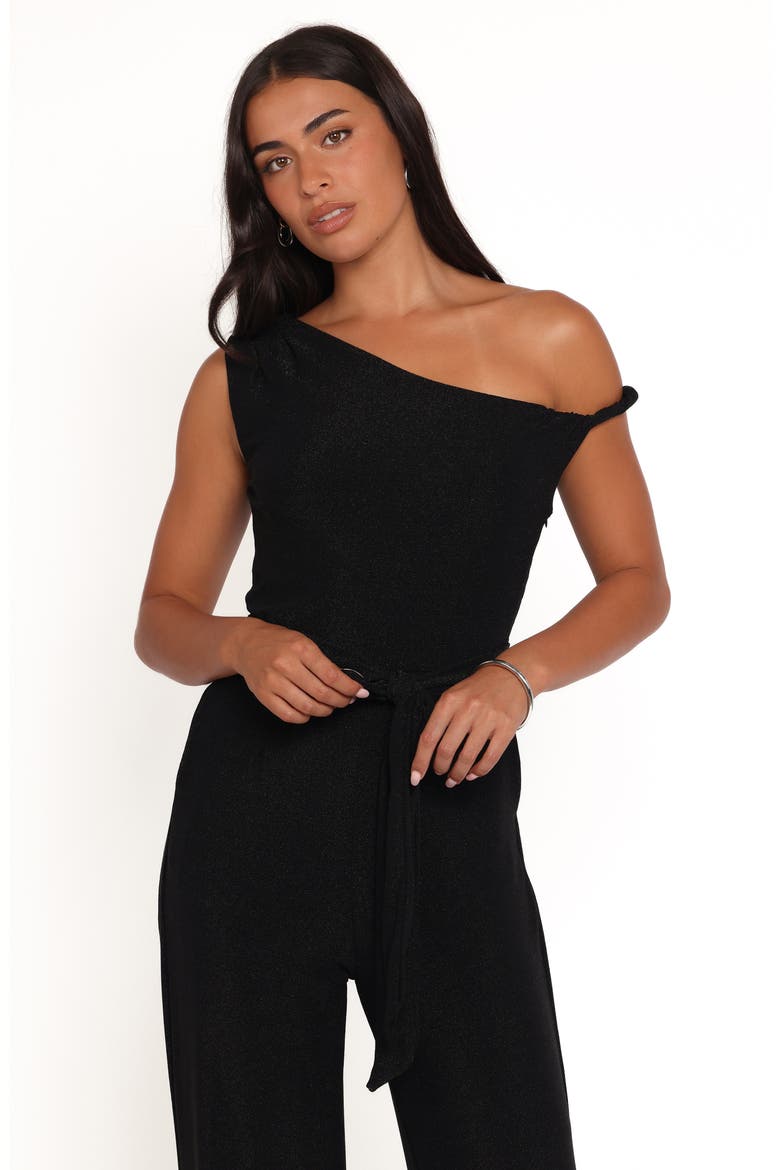 Katarina Metallic One-Shoulder Jumpsuit, Alternate, color, BLACK