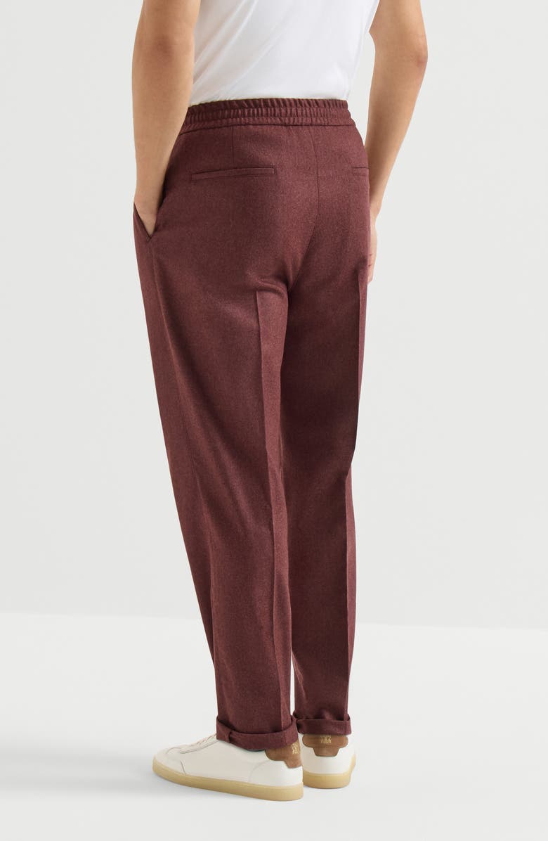Brunello Cucinelli Virgin wool and cashmere flannel trousers with drawstring and double pleats, Alternate, color, Burned