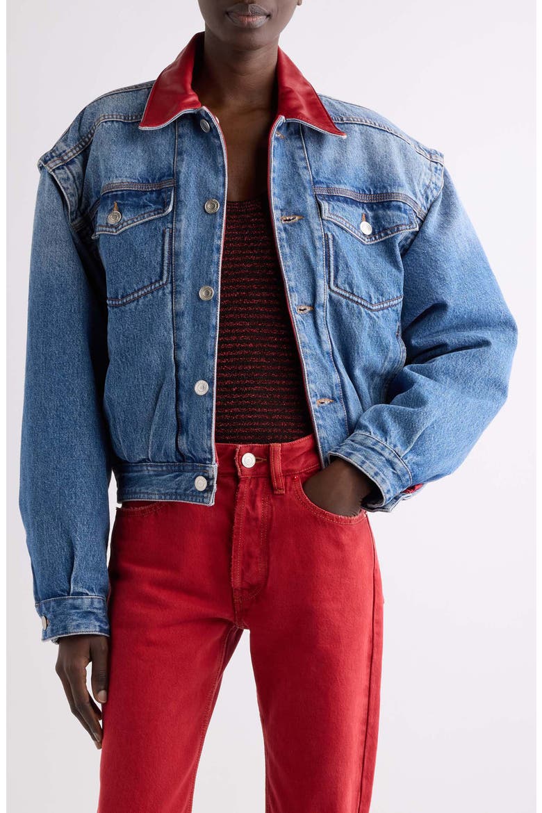 Devyn Leather Collar Denim Jacket, Main, color, BLUE
