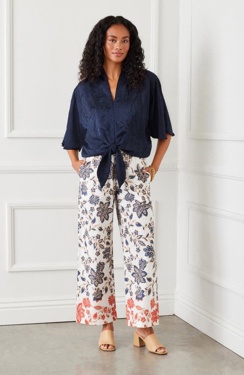 Karen Kane Wide Leg Drawstring Cotton Pants In White Floral Print