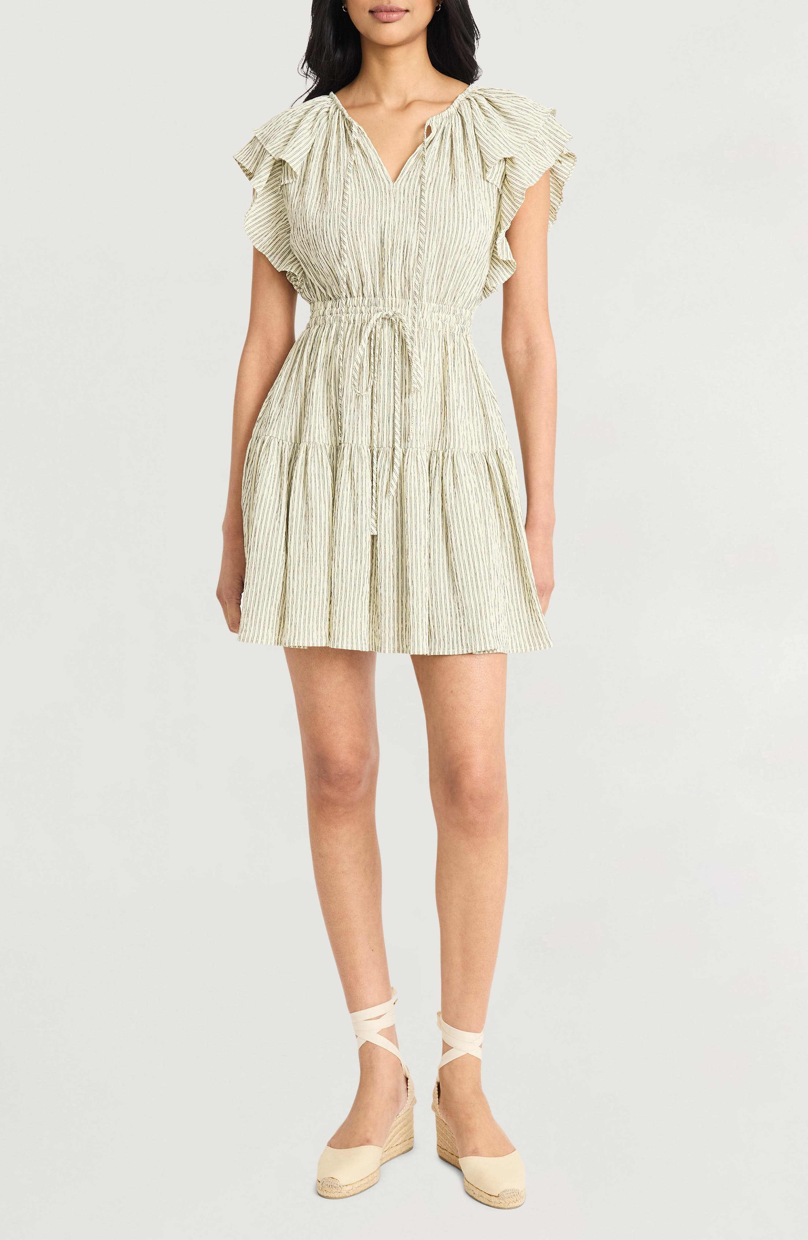 The Good Journey Flutter Sleeve Stripe Ruffle Dress