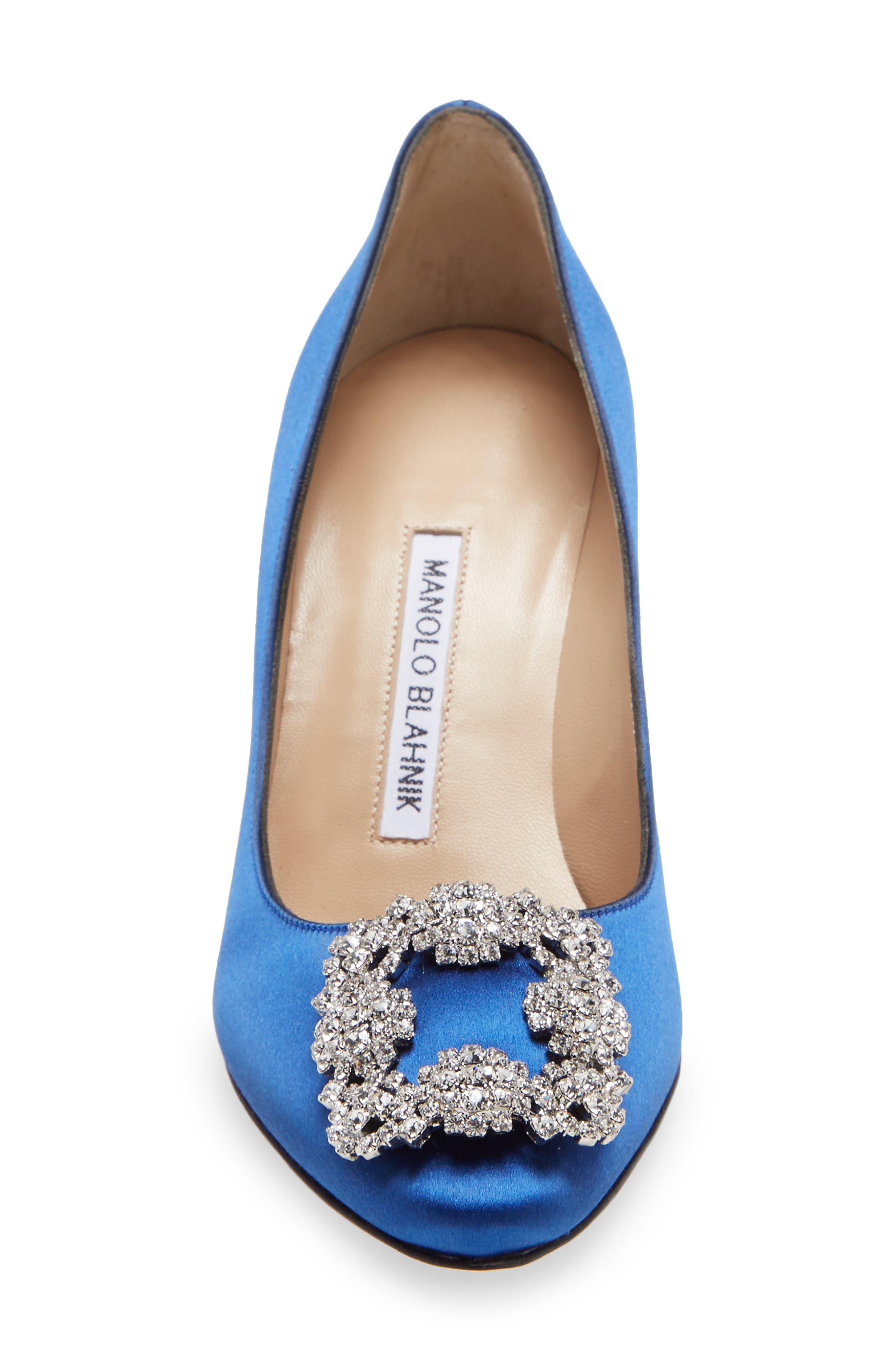 Manolo Blahnik Hangisi 70mm Crystal Buckle Pump, Alternate, color, Blue Satin Clear/ Buckle
