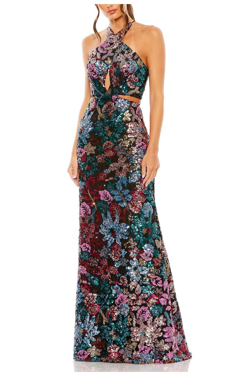 Mac Duggal Sequin Embellished Cross Neck Gown, Main, color, Black Multi