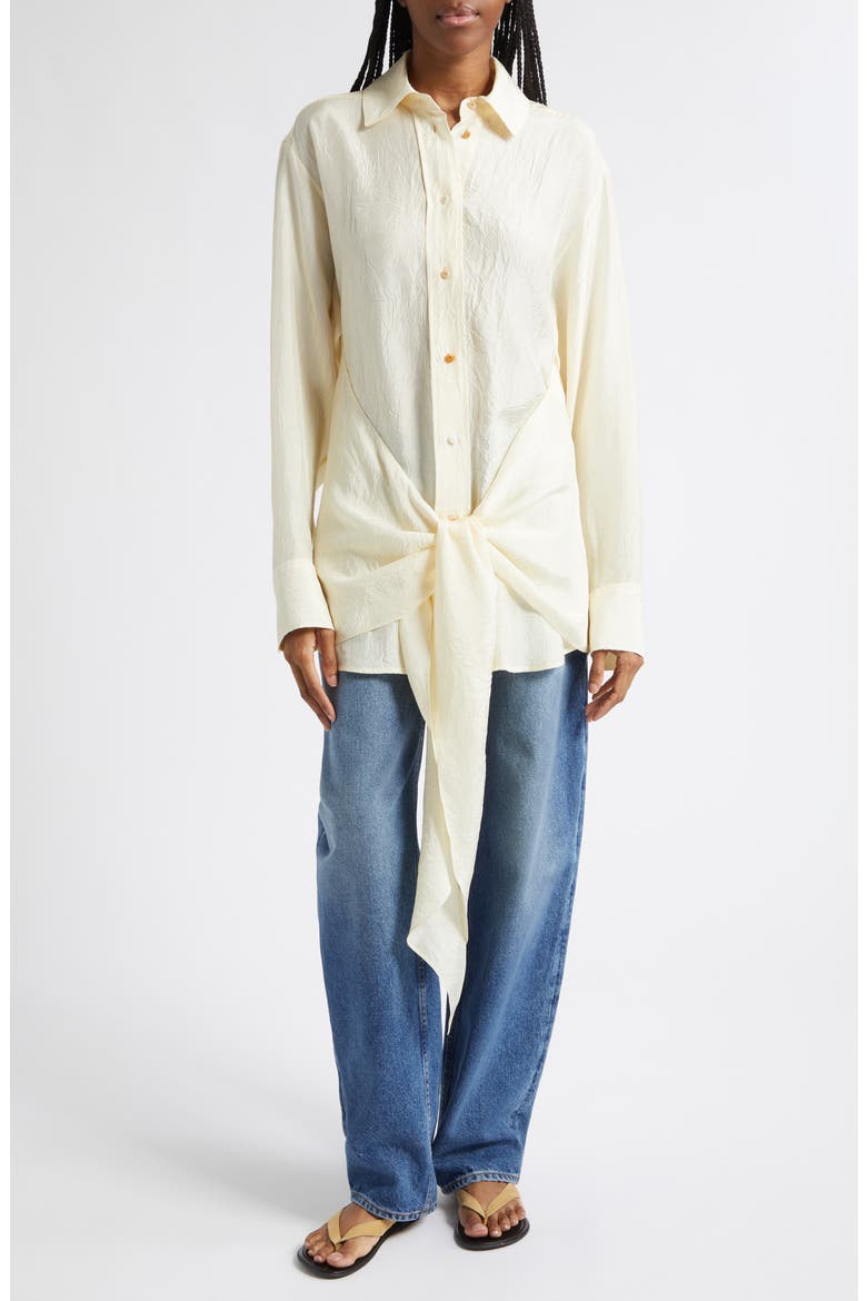 Arroyo Tie Front Crinkle Satin Button-Up Shirt, Alternate, color, ECRU